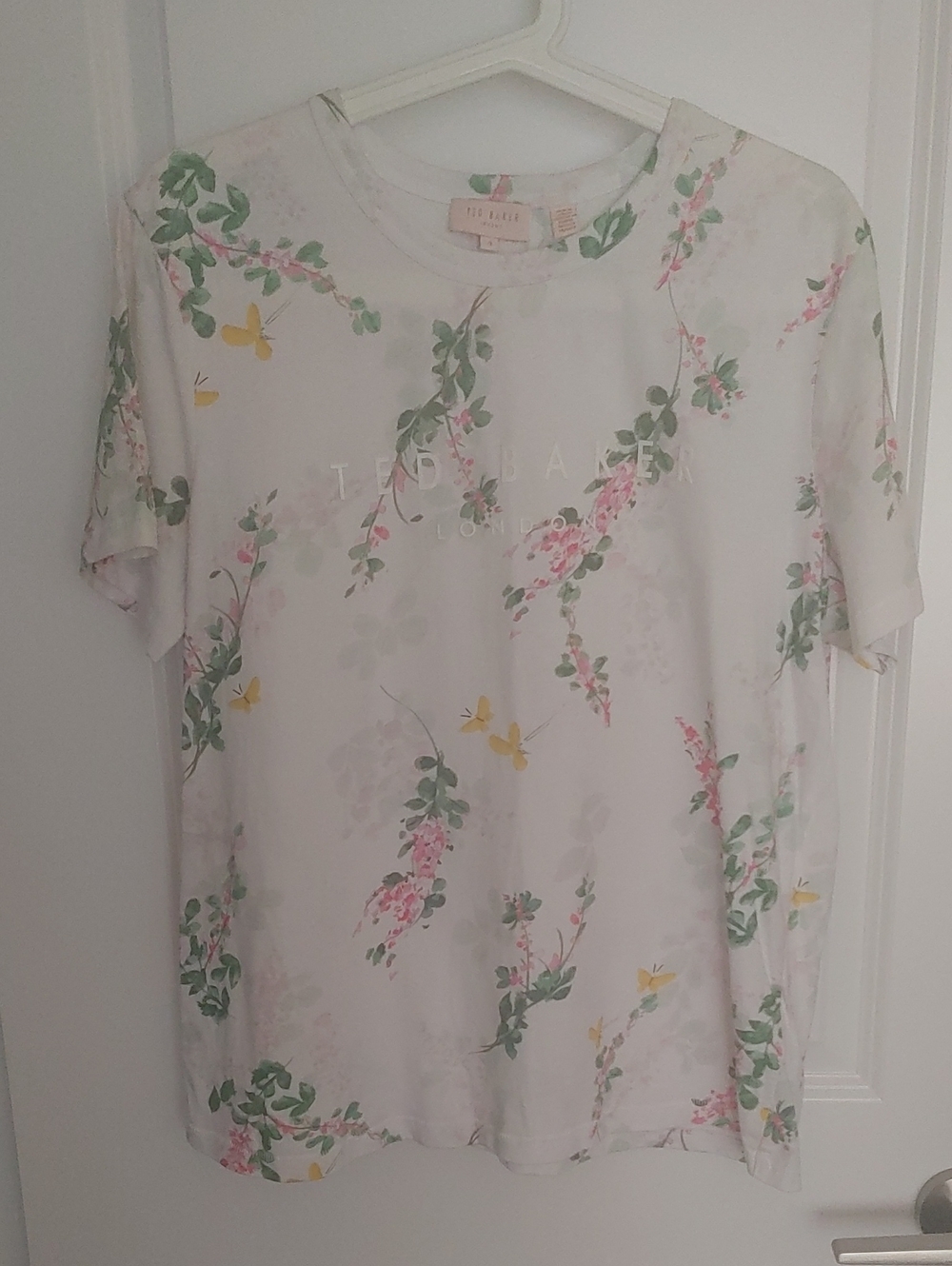 Ted Baker White Floral Print Tee with Green and Pink Accents